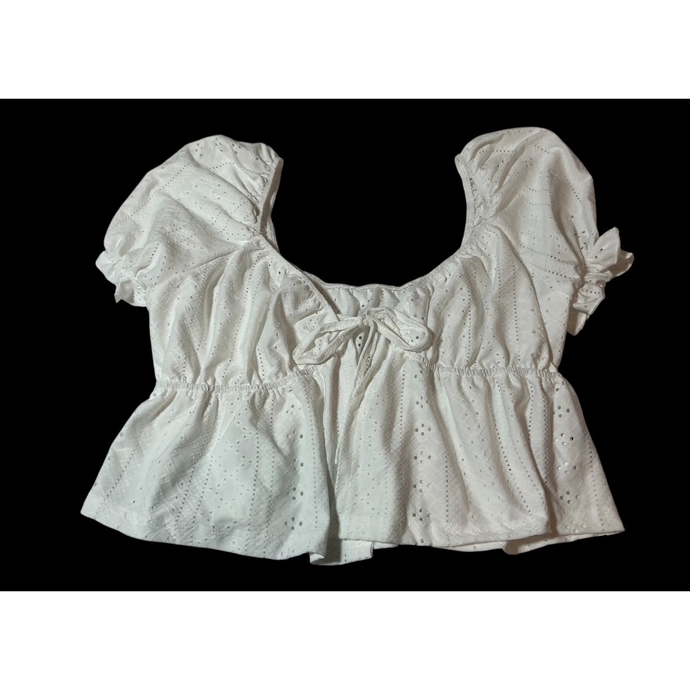 Women White Eyelet Tie Front Babydoll Top Puff Sleeve‎ Peplum 0XL NEW